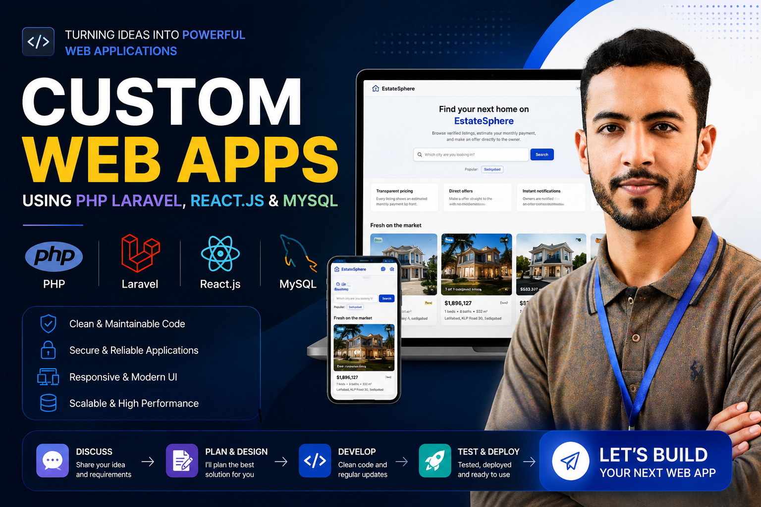 I will develop custom Laravel React web applications